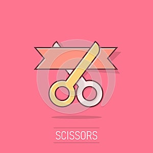 Scissors icon in comic style. Cutting ribbon vector cartoon illustration on white isolated background. Ceremonial business concept