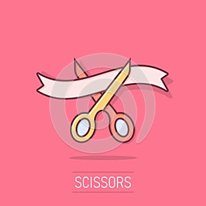 Scissors icon in comic style. Cutting ribbon vector cartoon illustration on white isolated background. Ceremonial business concept