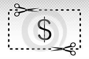 Scissors icon cutting coupons and dollar sign with dotted line for apps and websites