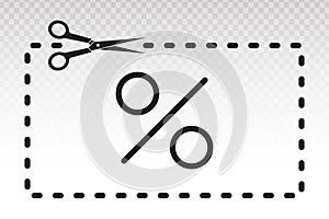 Scissors icon cutting coupons and percent sign with dotted line for apps and websites