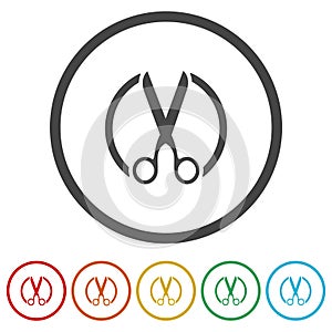 Scissors icon. Set icons in color circle buttons