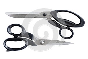 Scissors, insulated, on a white background. A tailor`s working tool. Scissors for sewing and needlework. Sewing production