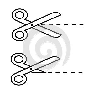 Scissors line icon set with cut line on white background. Vector outline symbol