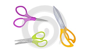 Scissors with Pair of Metal Blades as Hand-operated Shearing Tool Vector Set