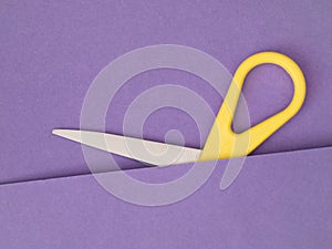 Scissors, part hidden on purple. Unusual.