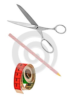 Scissors pencil and dimension tape