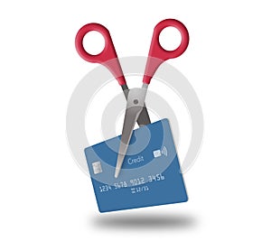 Scissors with red handles is about to cut up a blue credit card in this 3-D illustration