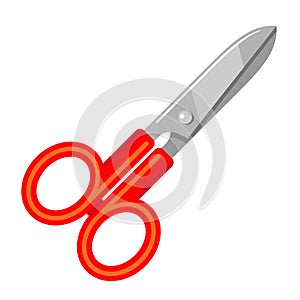 Scissors with red plastic handles icon. Metal shears closed. Hand-operated shearing tool
