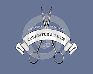 Scissors with ribbon. Barbershop emblem template in retro style.