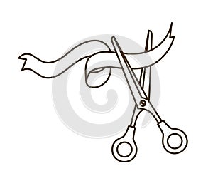 Scissors with ribbon on white background