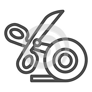 Scissors and scotch tape line icon, stationery concept, cutting adhesive tape sign on white background, sticky tape with