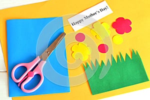 Scissors, set for card, paper flowers, words Happy mother's day - kids paper crafts