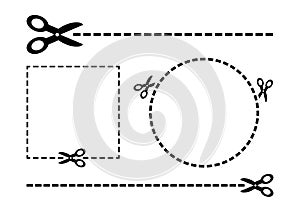 Scissors set. Coupon border. Black scissors and cut lines. Vector illustration