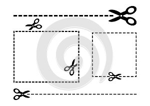 Scissors set. Coupon border. Scissors and cut lines. Cut out coupon rectangle. Vector illustration