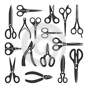 Scissors silhouette large set. Contour hairdressers kitchen black garden scissors for metal nippers cutting stationery