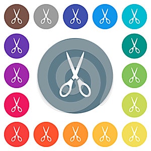 Scissors solid flat white icons on round color backgrounds