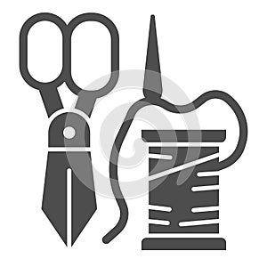 Scissors, spool and needle solid icon. Sewing vector illustration isolated on white. Tailoring glyph style design