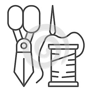 Scissors, spool and needle thin line icon. Sewing vector illustration isolated on white. Tailoring outline style design