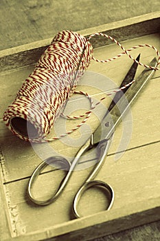 Scissors and spool of thread on wooden tray