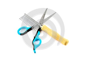 Scissors and stools for grooming dogs and cats isolated on a white