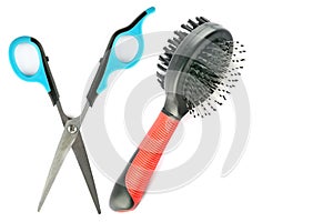 Scissors and stools for grooming dogs and cats isolated on white background