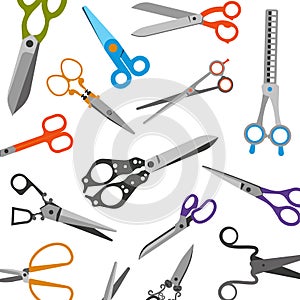 Scissors for tailors, barbers vector pattern. Illustration of thinning scissors, shears for beauty salons or shops