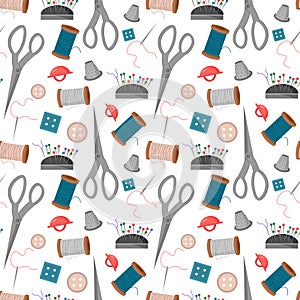 .Scissors and thimble, pin cushion, spool of thread, buttons, needle.