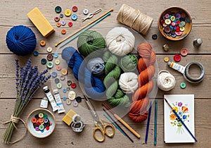 Scissors, thread spools, and sewing tools complement a palette of paint