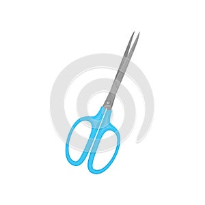 Scissors with two sharp blades and bright blue handles. Instrument for cutting paper and carton. Flat vector icon