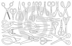 Scissors vector outline set icon. Vector illustration scissor equipment on white background. Isolated outline set icon