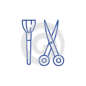 Scissors and visagiste brush line icon concept. Scissors and visagiste brush flat vector symbol, sign, outline