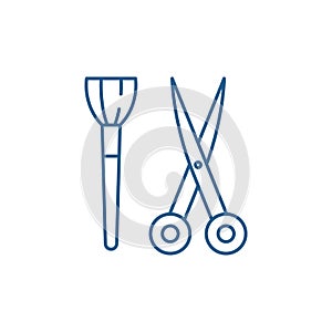 Scissors and visagiste brush line icon concept. Scissors and visagiste brush flat vector symbol, sign, outline