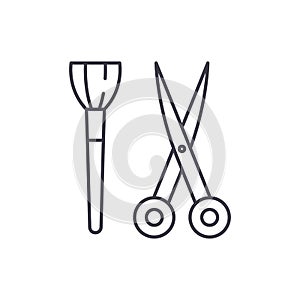 Scissors and visagiste brush line icon concept. Scissors and visagiste brush vector linear illustration, symbol, sign