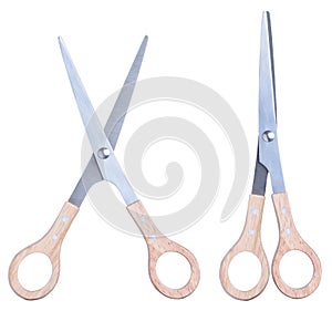 Scissors with wooden handle, open and closed, isolated on white