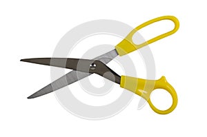 Scissors with yellow handles.