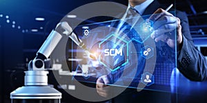 SCM Supply chain management. Business industrial technology concept. Cobot 3d render photo