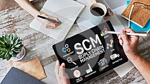 SCM - Supply Chain Management and business strategy concept on the screen.