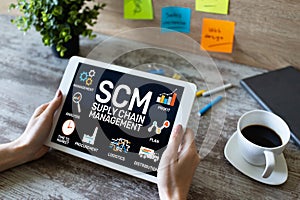 SCM - Supply Chain Management and business strategy concept on the screen.