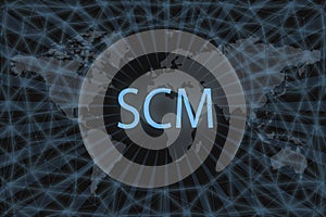 SCM Supply Chain Management inscription on a dark background and a world map