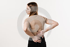 Scoliosis is sideways curvature of the spine. Rachiocampsis bachache of girl. Rheumatism and arthritis diseases.