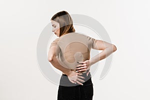 Scoliosis is sideways curvature of the spine. Rachiocampsis bachache of girl. Rheumatism and arthritis diseases.