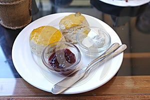 Scones dessert with yam. A scone is a single serving quick bread cake