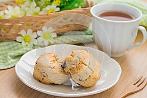 Scones on plate and cup of tea