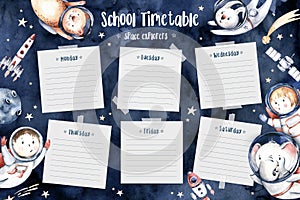 Scool timetable. Astronaut baby boy girl elephant, fox cat and bunny, space suit, cosmonaut stars, planet, moon, rocket photo