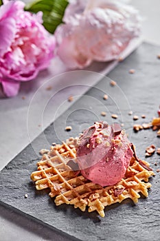 A scoop of berry ice cream on a wafer with chocolate chips on a slate plate on a gray concrete table against a