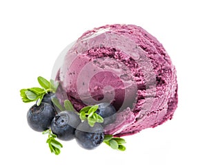 A scoop of blueberry ice cream with blueberries isolated on white background