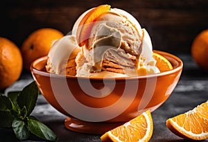 A scoop of bright orange creamsicle ice cream with orange slices on top.