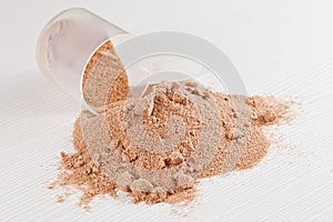 Scoop of chocolate whey isolate protein powder