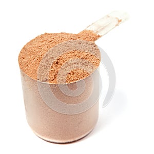 Scoop of chocolate whey protein powder on white