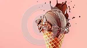 Scoop of crave-worthy dark rich chocolate ice cream with velvety texture in waffle cone with melting dripping, chocolate sauce